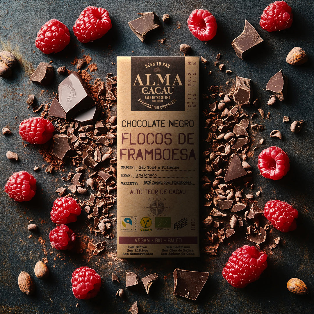 BIO Dark Chocolate 60% Cocoa with Raspberry Flakes Alma do Cacau 100g